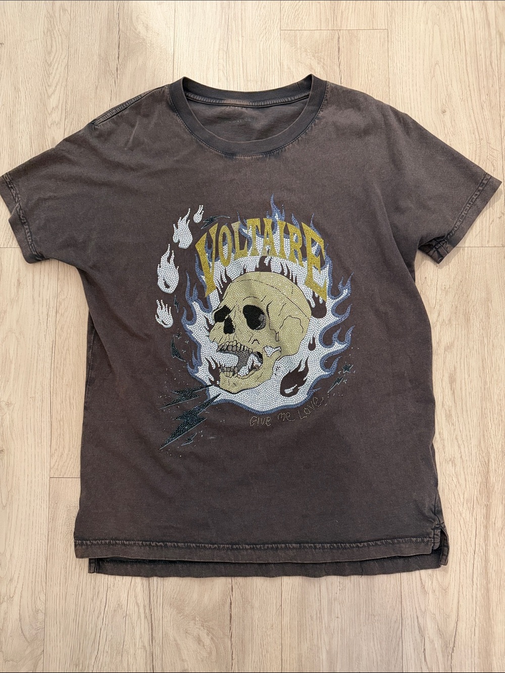 Black Graphic Skull Tee with Flames